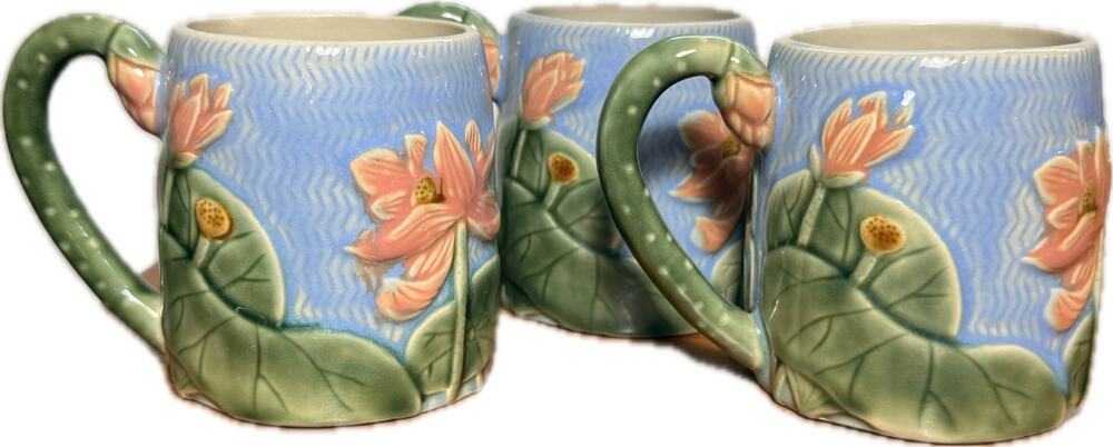 Lot of 3 Vintage Henriksen Imports Majolica Pink Lotus Flower Water Lily Mugs